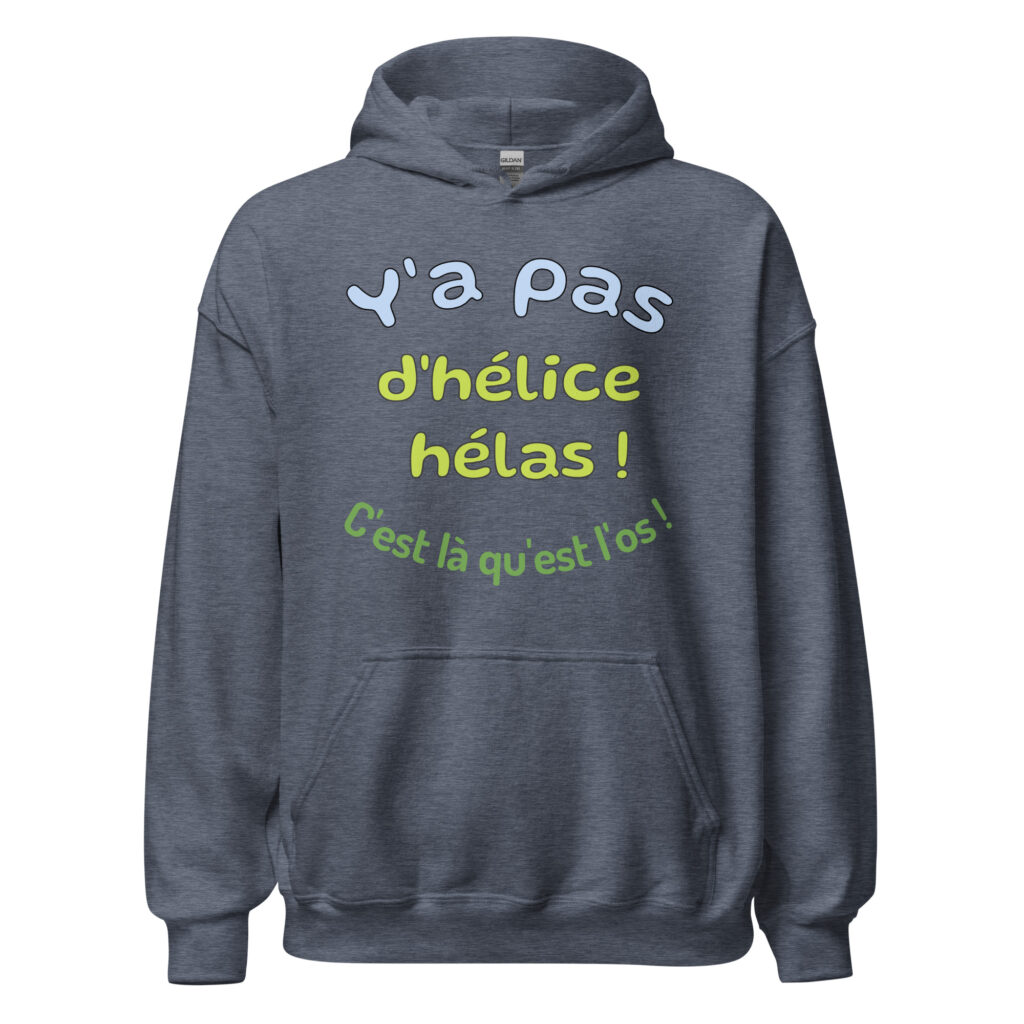 Sweat à capuche "y a pas d'hélice hélas ! c'est là qu'est l'os ! — Heather Sport Dark Navy, face