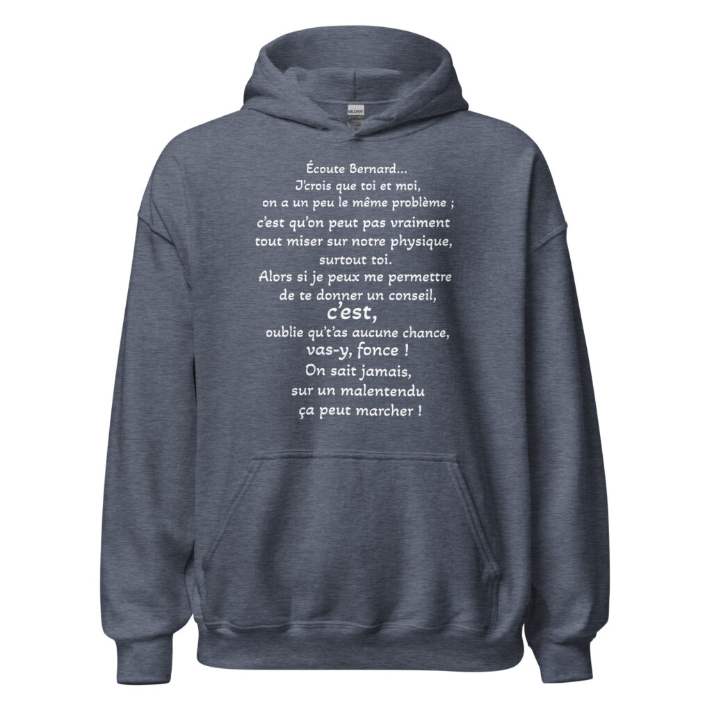 Sweat à capuche "on sait jamais sur un malentendu ça peut marcher" — Heather Sport Dark Navy, face