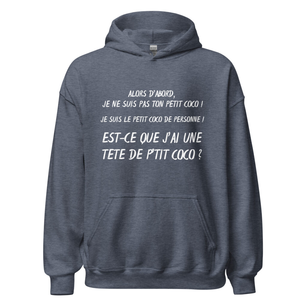 Sweat à capuche "alors d'abord je ne suis pas ton petit coco ! — Heather Sport Dark Navy, face