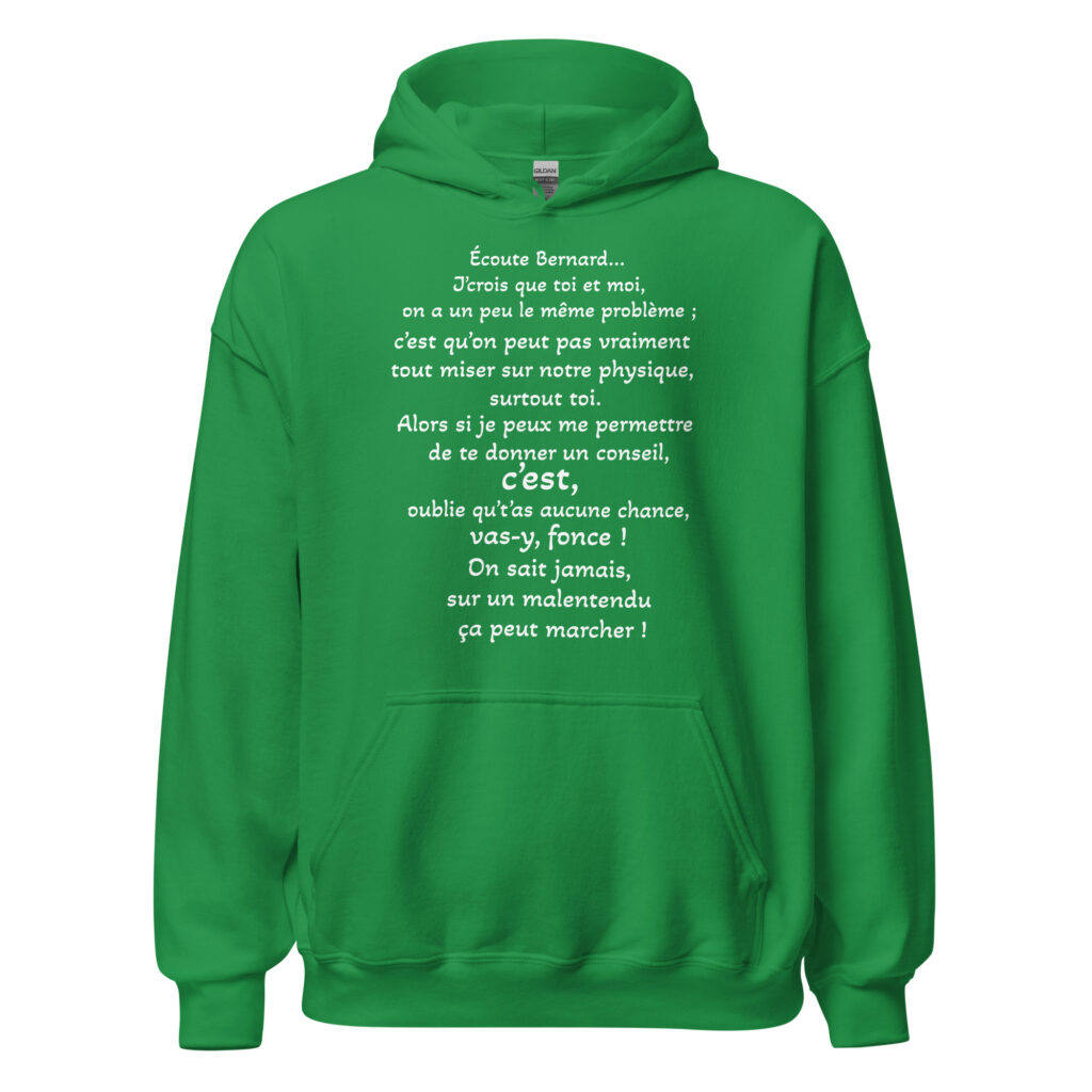 Sweat à capuche "on sait jamais sur un malentendu ça peut marcher" — Vert menthe, face