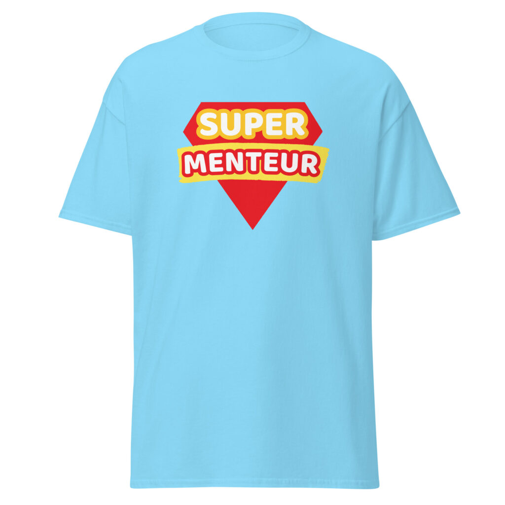 T-shirt humour "super menteur" — Bleu Ciel, face