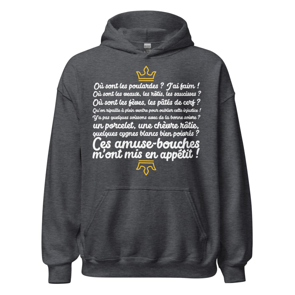 Sweat à capuche les visiteurs "Ces amuse-bouches m'ont mis en appétit !" — Gris Foncé Chiné, face