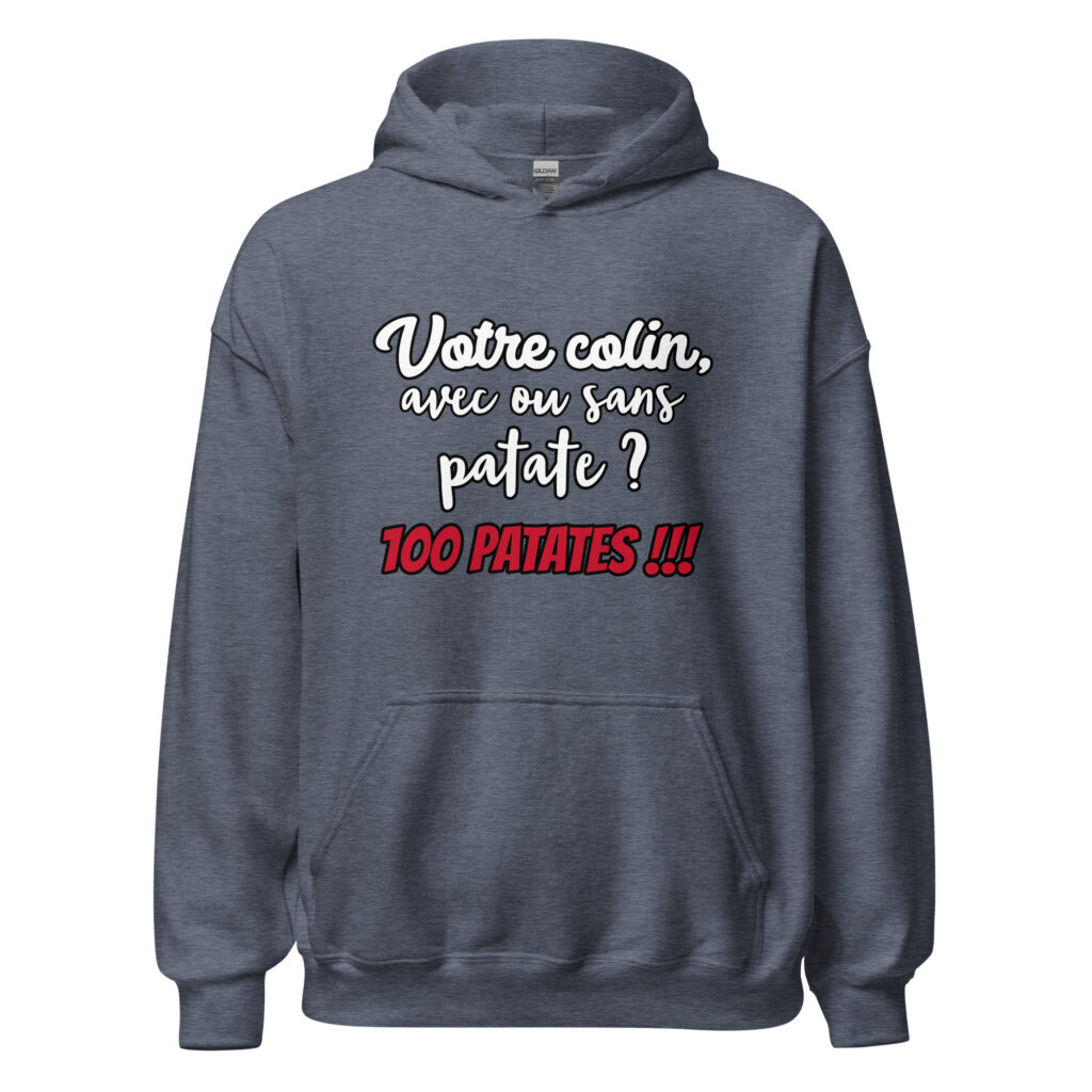 Sweat à capuche Les 3 frères "100 patates !!!" — Heather Sport Dark Navy, face