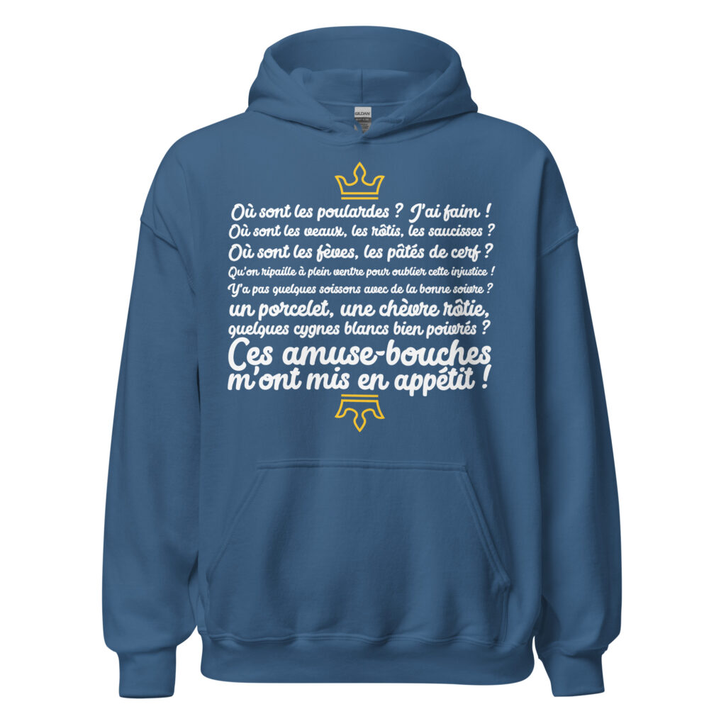 Sweat à capuche les visiteurs "Ces amuse-bouches m'ont mis en appétit !" — Bleu Indigo, face