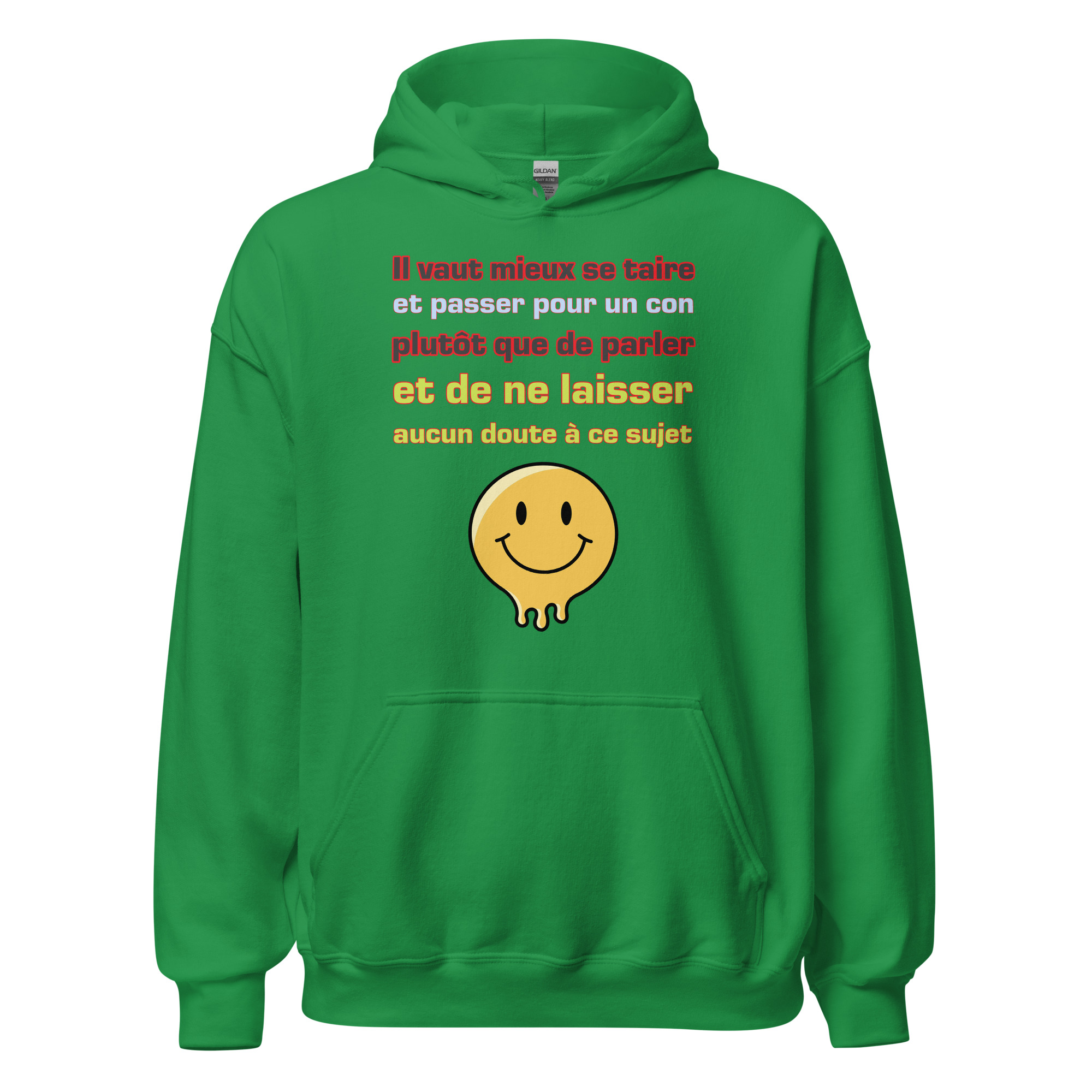 "Il vaut mieux se taire et passer pour un con, plutôt que de parler et de ne laisser aucun doute sur le sujet." Ce sweat à capuche reprend l'une des répliques les plus acérées de Pierre Desproges. Idéal pour les fans d'humour caustique et réfléchi, il allie confort et esprit mordant, parfait pour un look à la fois stylé et intelligent.