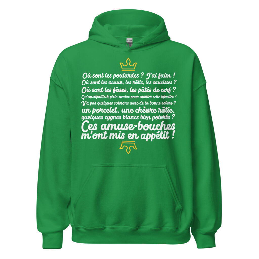 Sweat à capuche les visiteurs "Ces amuse-bouches m'ont mis en appétit !" — Vert menthe, face