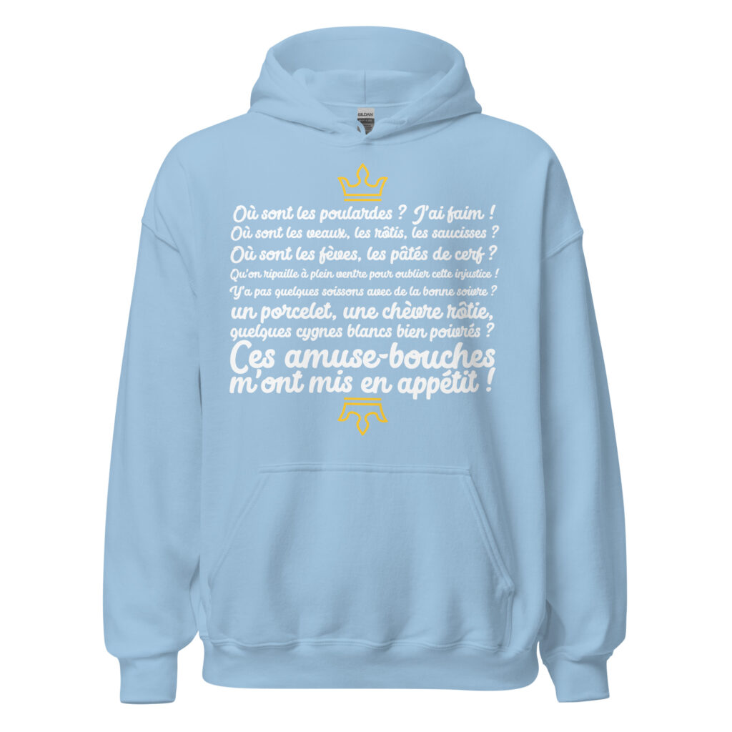 Sweat à capuche les visiteurs "Ces amuse-bouches m'ont mis en appétit !" — Bleu Clair, face