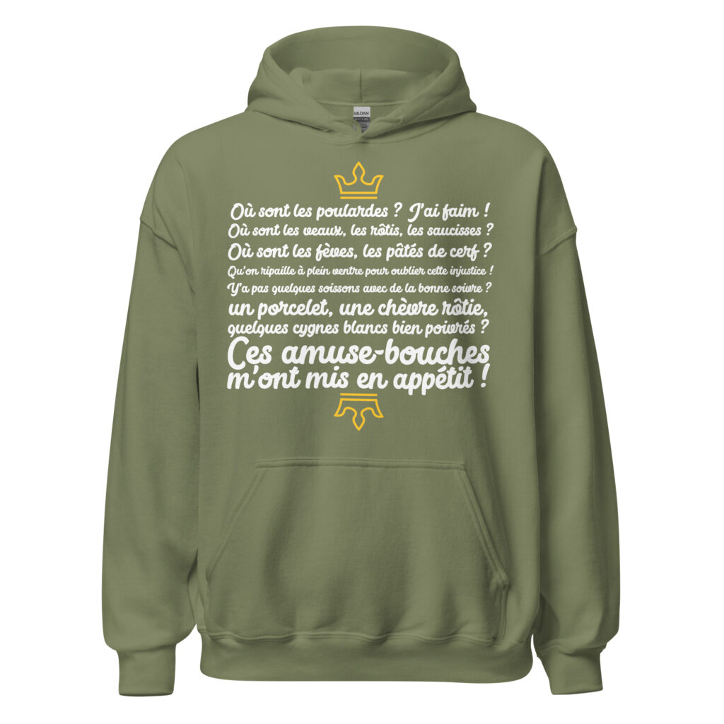 Sweat à capuche les visiteurs "Ces amuse-bouches m'ont mis en appétit !" — Vert Militaire, face