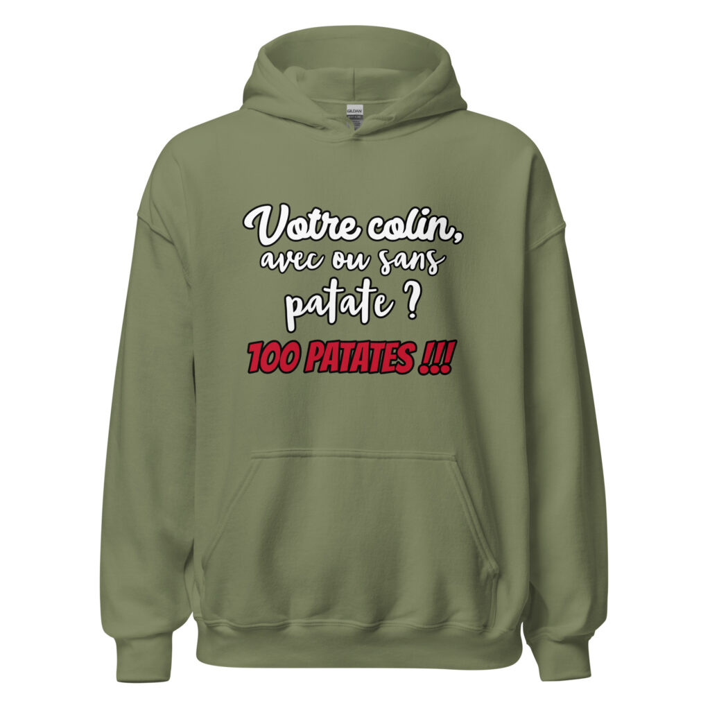 Sweat à capuche Les 3 frères "100 patates !!!" — Vert Militaire, face