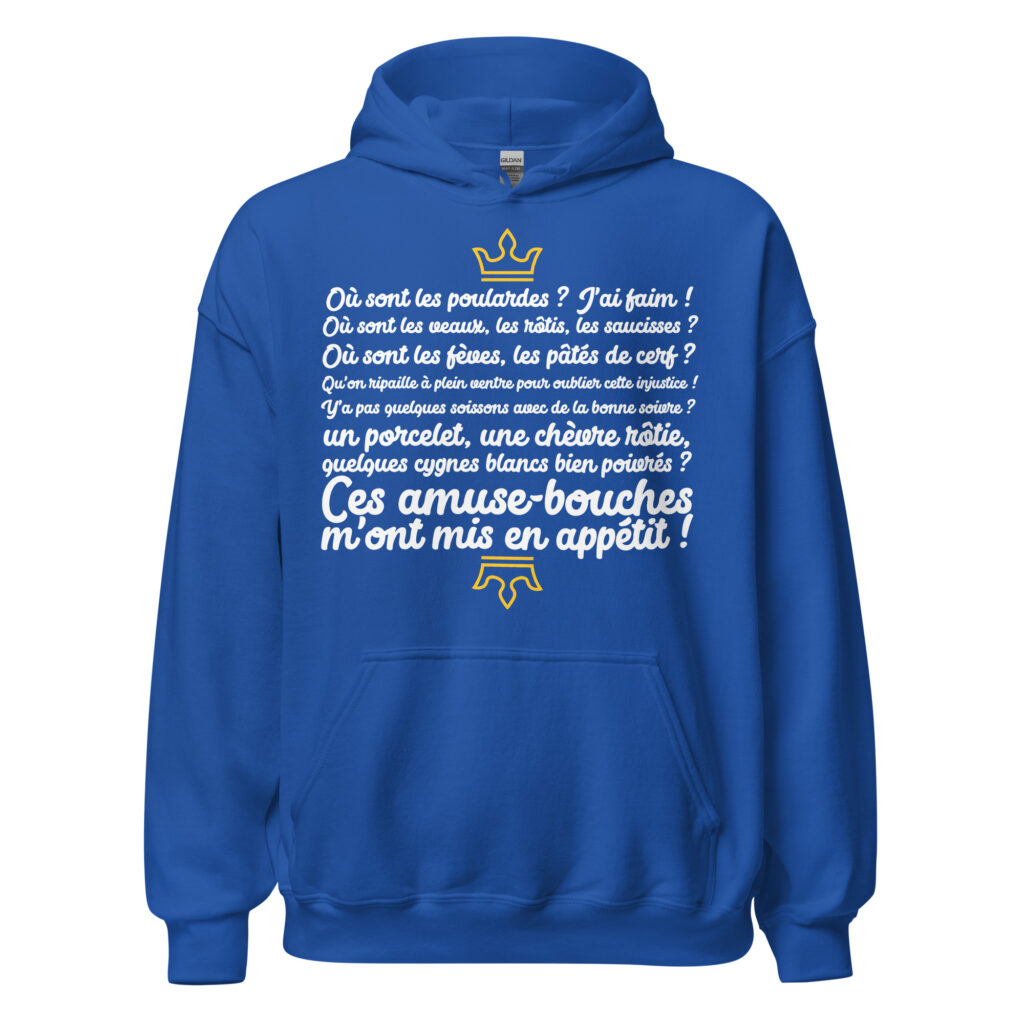 Sweat à capuche les visiteurs "Ces amuse-bouches m'ont mis en appétit !" — Bleu Roi, face