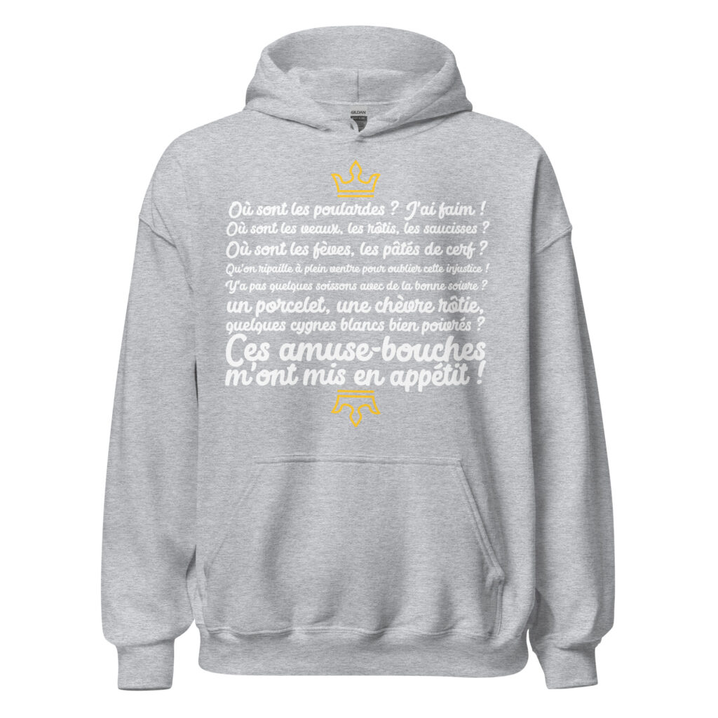 Sweat à capuche les visiteurs "Ces amuse-bouches m'ont mis en appétit !" — Gris Sport, face