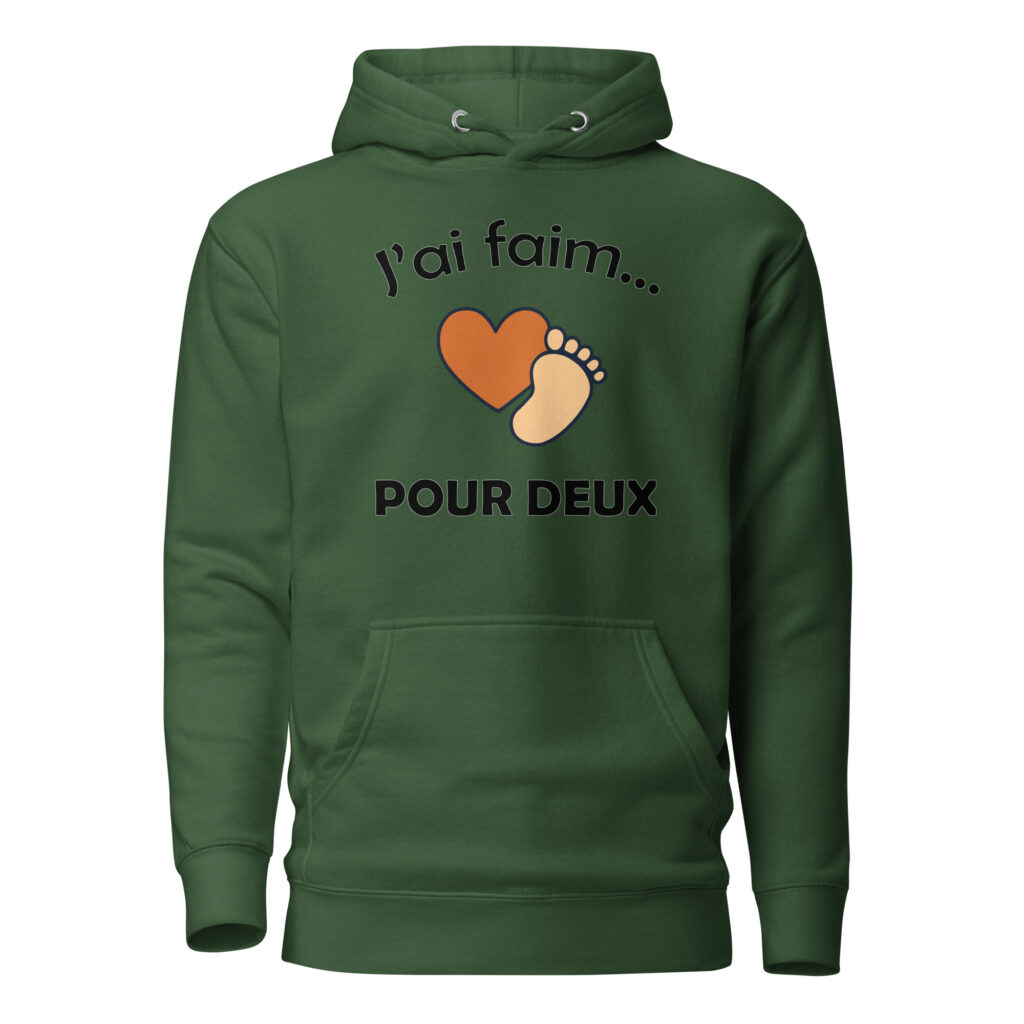 Sweat à Capuche naissance j'ai faim pour deux — Vert Forêt, face