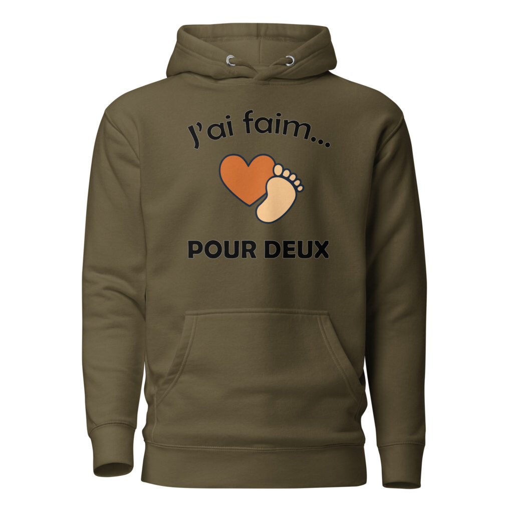 Sweat à Capuche naissance j'ai faim pour deux — Vert Militaire, face