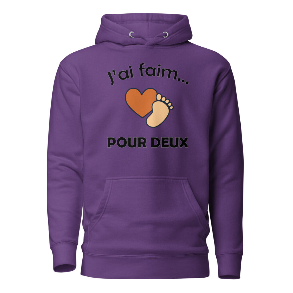 Sweat à Capuche naissance j'ai faim pour deux — Violet, face