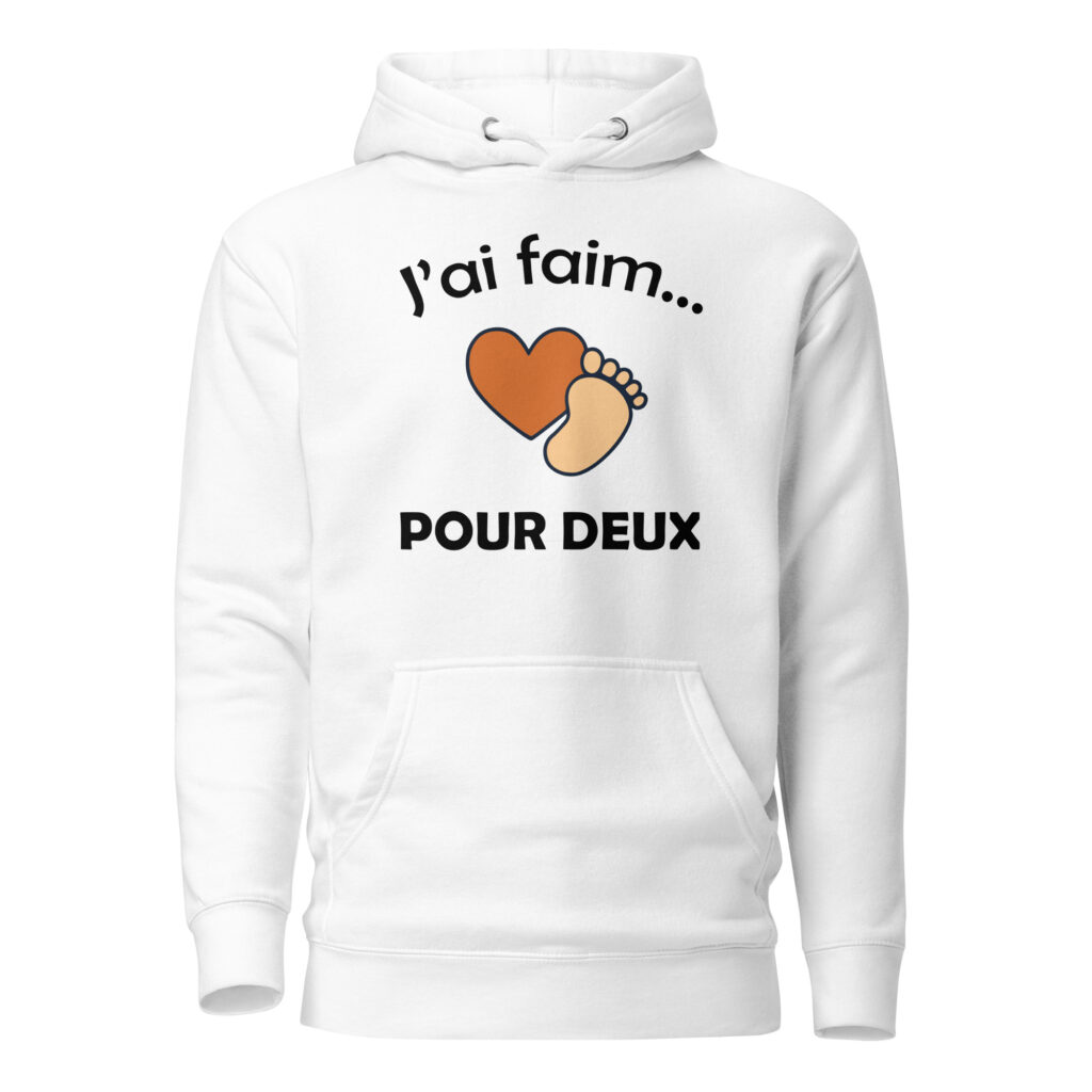 Sweat à Capuche naissance j'ai faim pour deux — Blanc, face