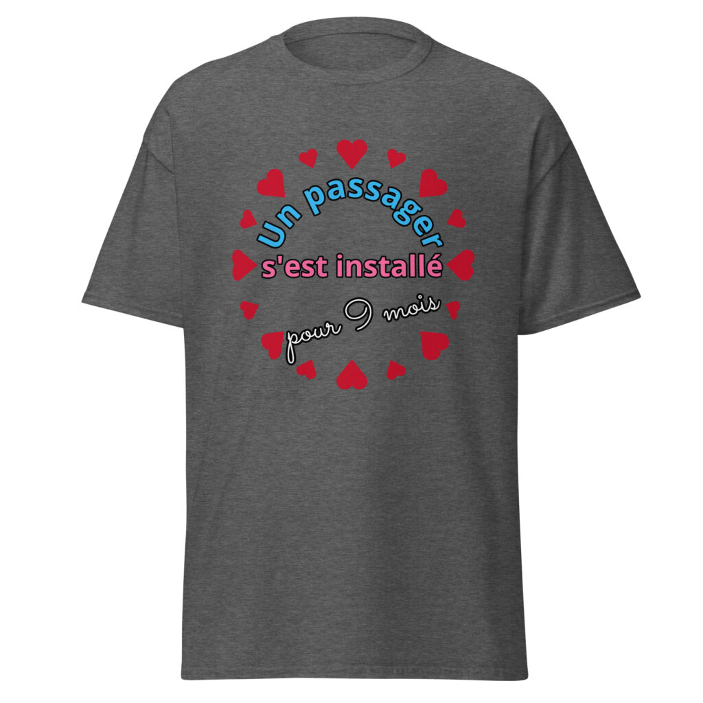 T-shirt un passager s'est installé pour 9 mois — Gris Foncé Chiné, face