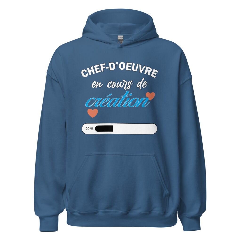 Sweat à capuche chef d'oeuvre en cours de création — Bleu Indigo, face