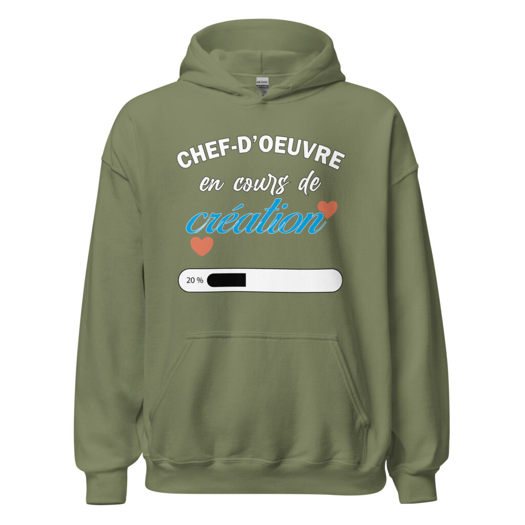 Sweat à capuche chef d'oeuvre en cours de création — Vert Militaire, face