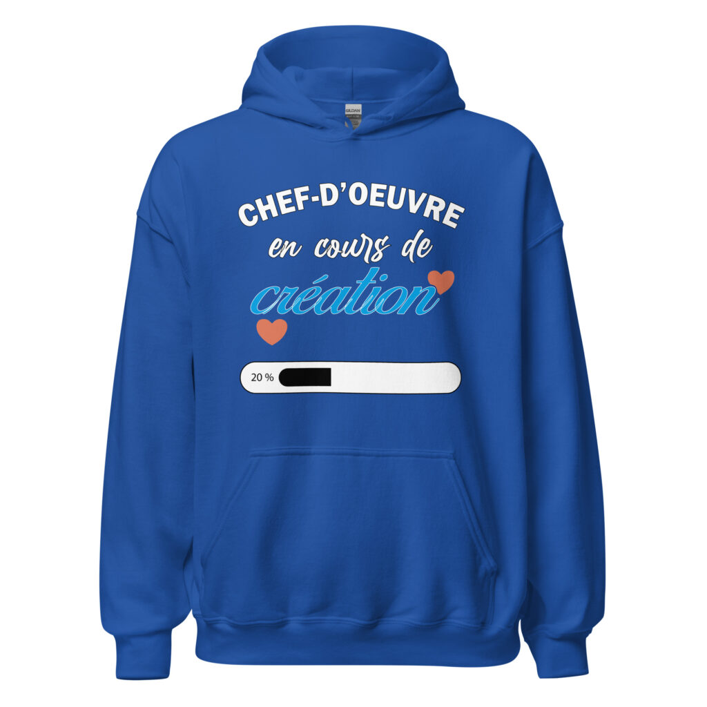 Sweat à capuche chef d'oeuvre en cours de création — Bleu Roi, face