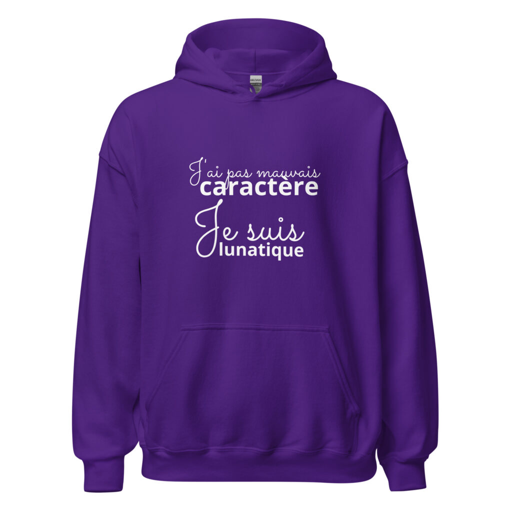 Sweat à capuche « J’ai pas mauvais caractère, je suis lunatique » — Violet, face