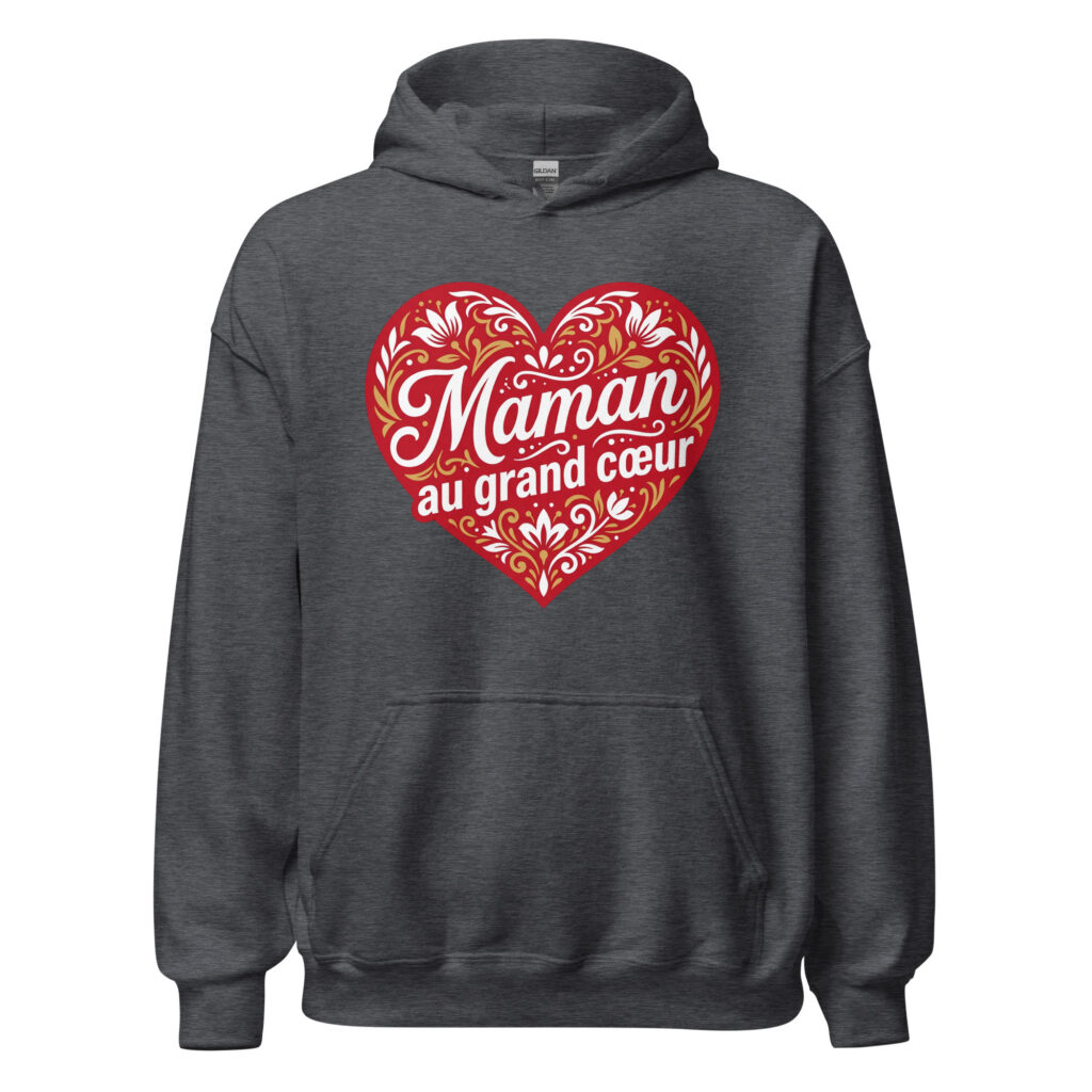 Sweat à capuche "Maman au grand cœur" — Gris Foncé Chiné, face