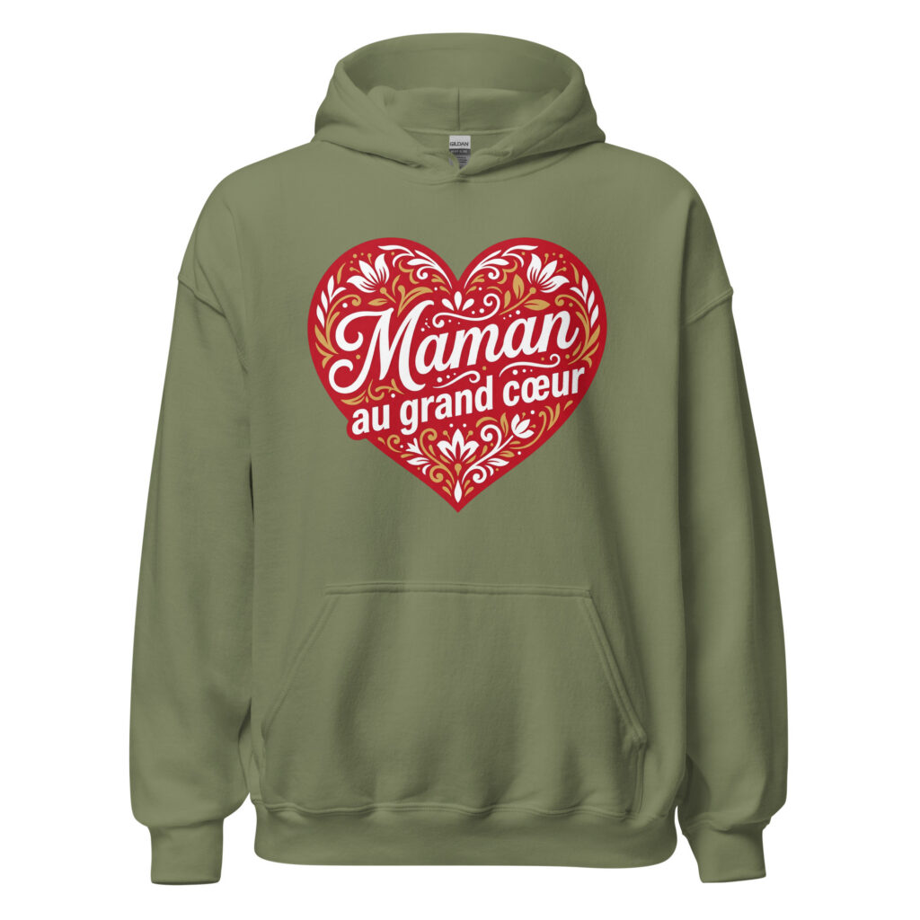 Sweat à capuche "Maman au grand cœur" — Vert Militaire, face