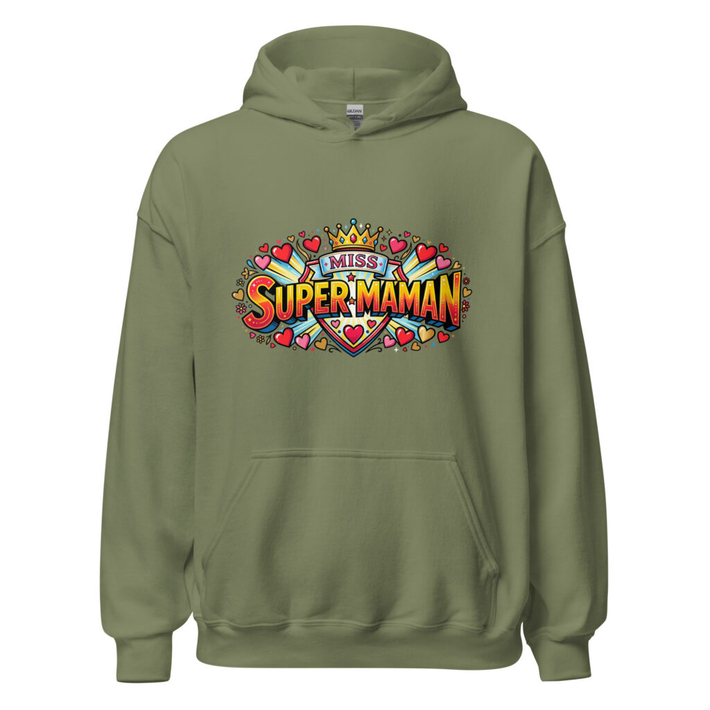 Sweat à capuche Miss Super Maman — Vert Militaire, face