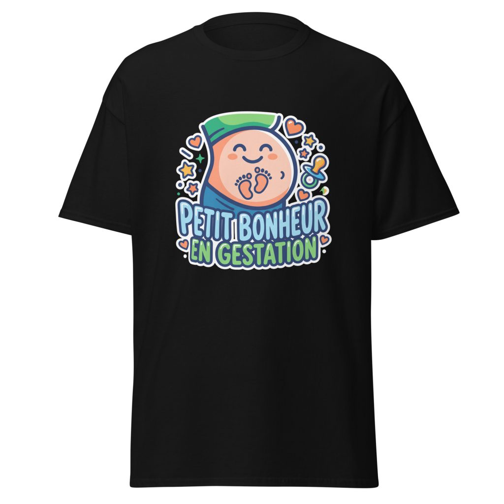 T-shirt Petit bonheur en gestation — Noir, face