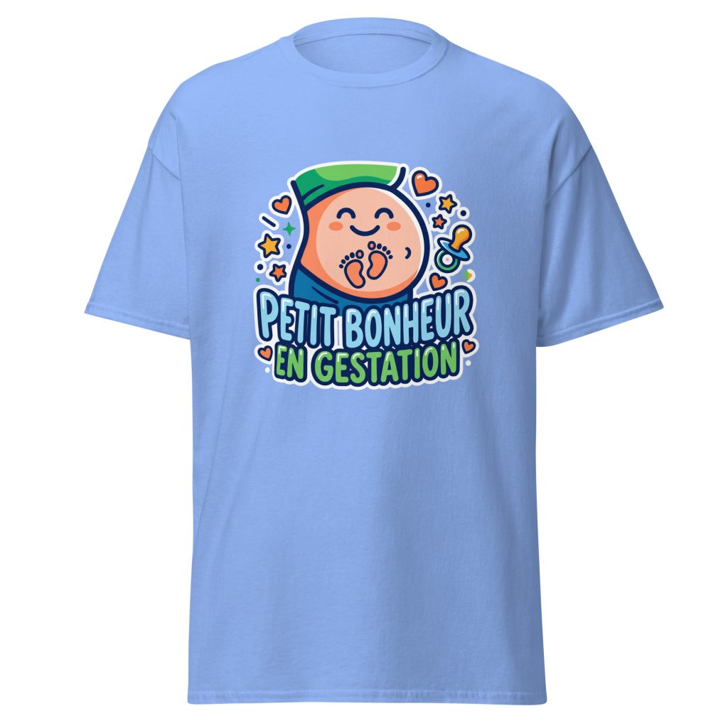 T-shirt Petit bonheur en gestation — Bleu, face
