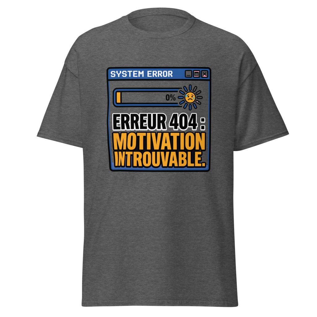 T-shirt Erreur 404 Motivation introuvable — Gris Foncé Chiné, face