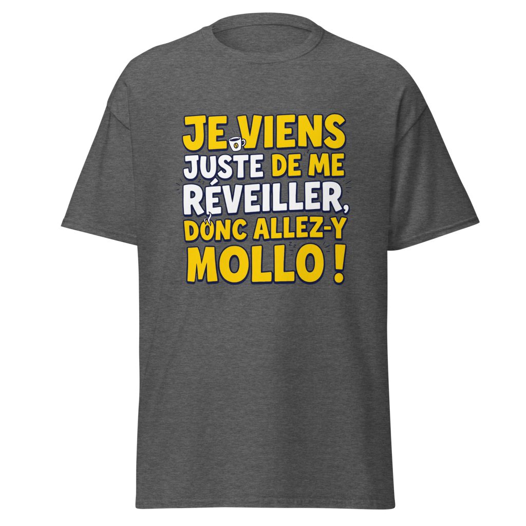 T-shirt Je viens juste de me réveiller donc allez-y mollo ! — Gris Foncé Chiné, face