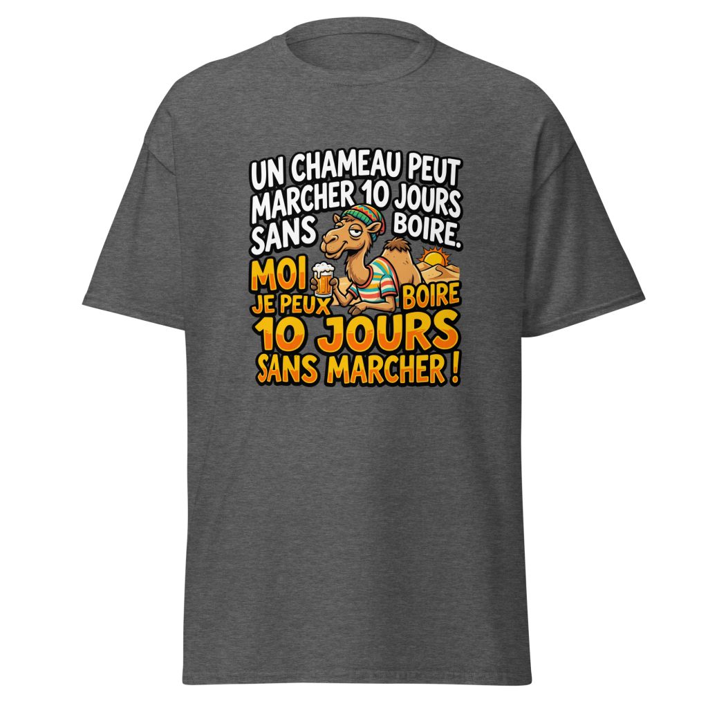 T-shirt Un chameau peut marche 10 jours sans boire — Gris Foncé Chiné, face
