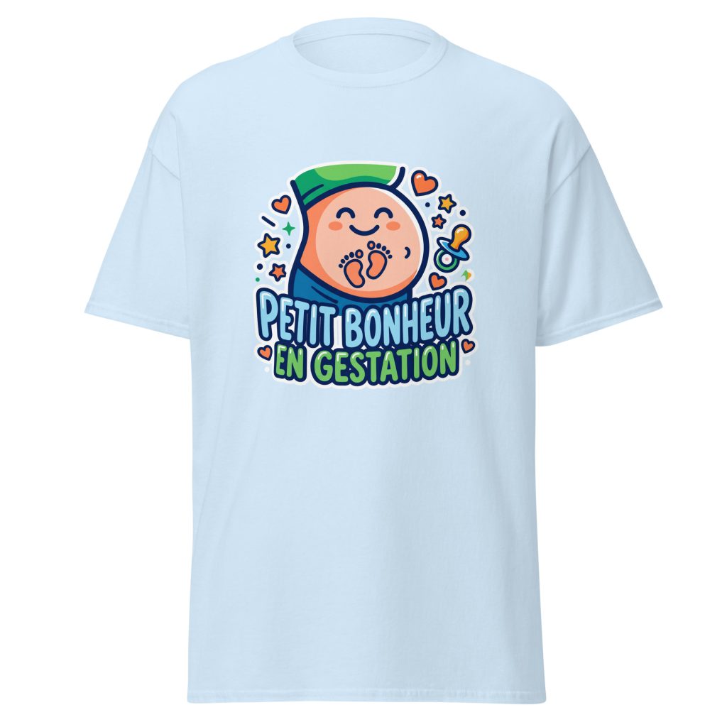 T-shirt Petit bonheur en gestation — Bleu Clair, face