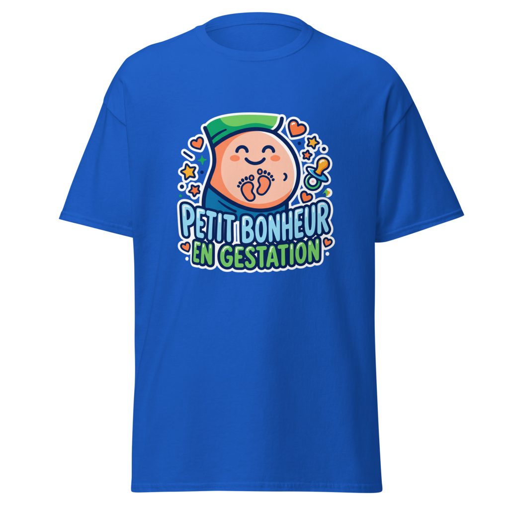 T-shirt Petit bonheur en gestation — Bleu Roi, face