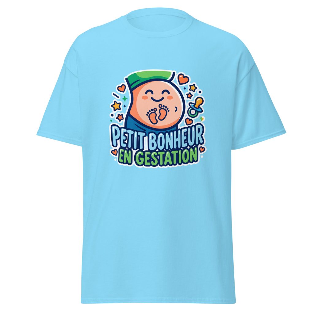 T-shirt Petit bonheur en gestation — Bleu Ciel, face