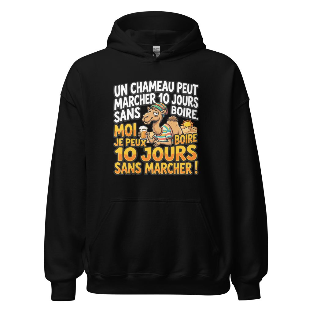 Sweat à capuche Un chameau peut marcher 10 jours sans boire — Noir, face