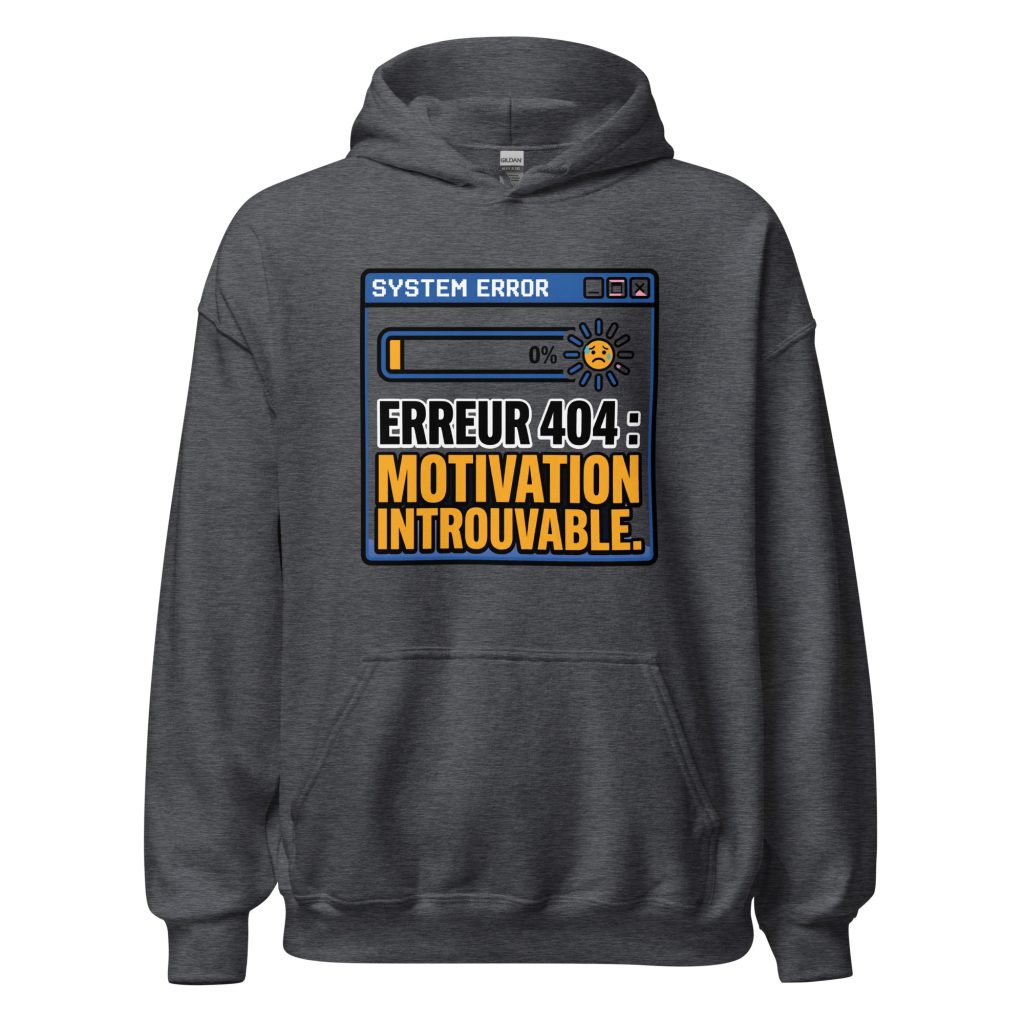 Sweat à capuche Erreur 404 Motivation introuvable — Gris Foncé Chiné, face