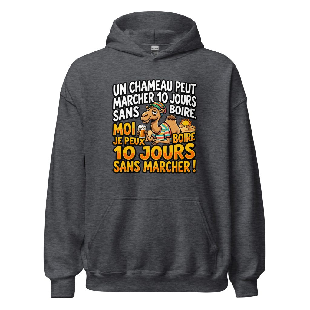Sweat à capuche Un chameau peut marcher 10 jours sans boire — Gris Foncé Chiné, face