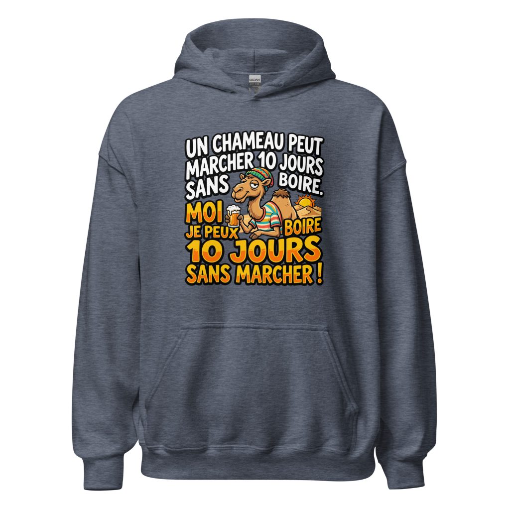 Sweat à capuche Un chameau peut marcher 10 jours sans boire — Heather Sport Dark Navy, face