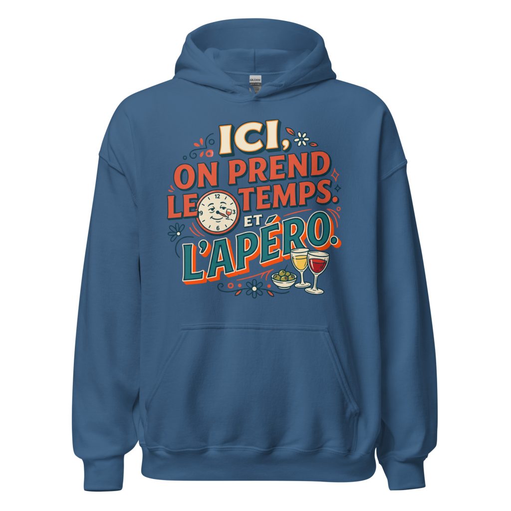 Sweat à capuche Ici on prend le temps, et l'apéro ! — Bleu Indigo, face