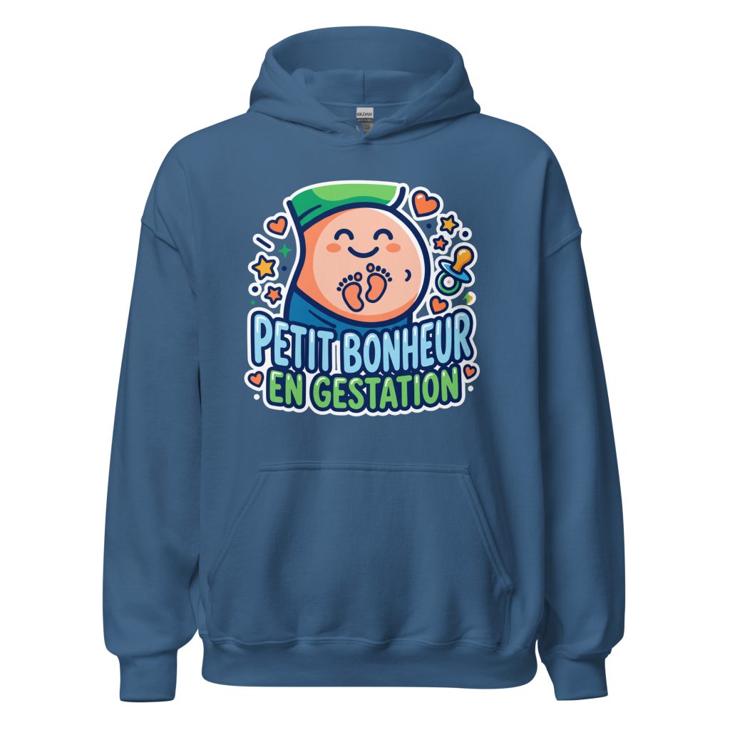 Sweat à capuche Petit bonheur en gestation — Bleu Indigo, face