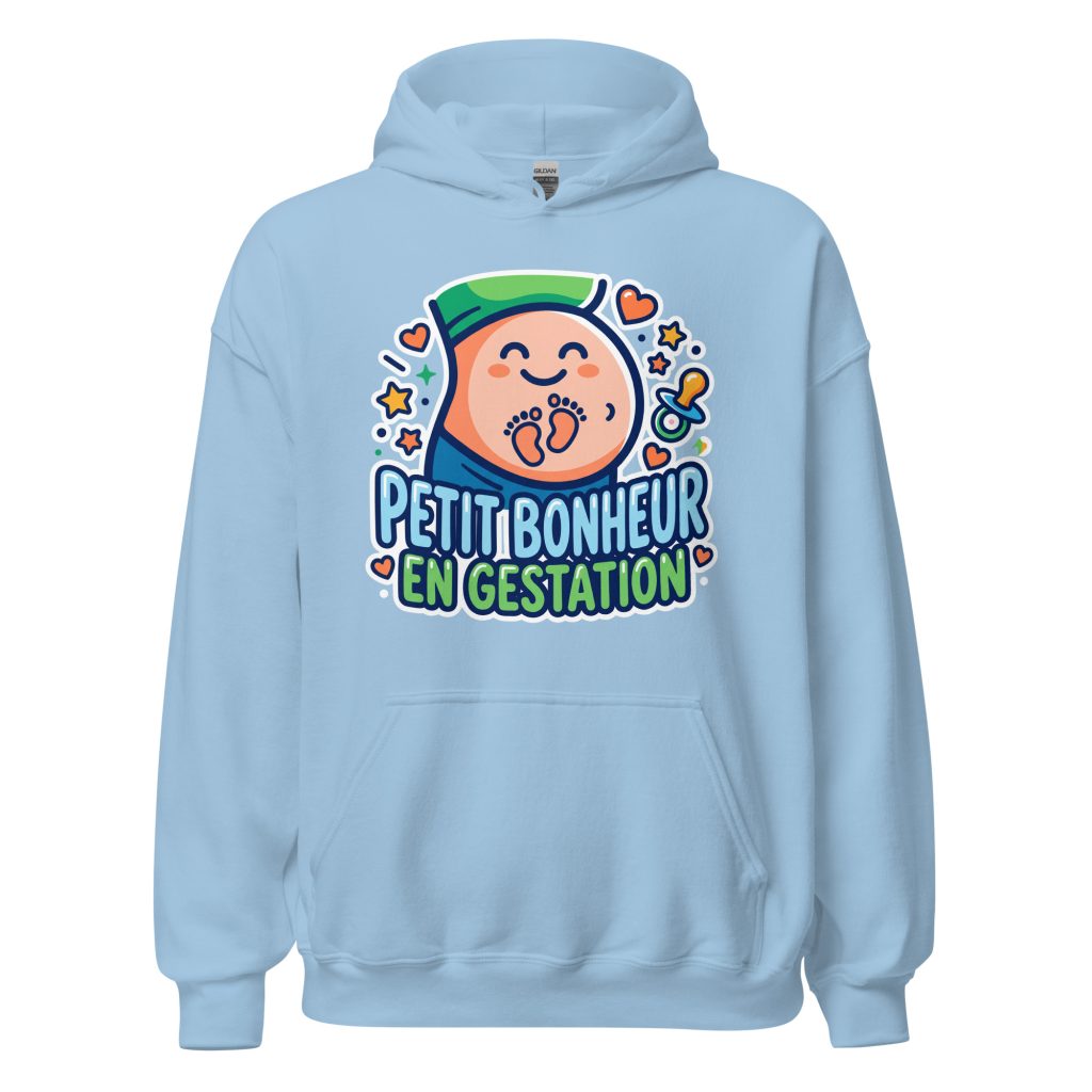 Sweat à capuche Petit bonheur en gestation — Bleu Clair, face