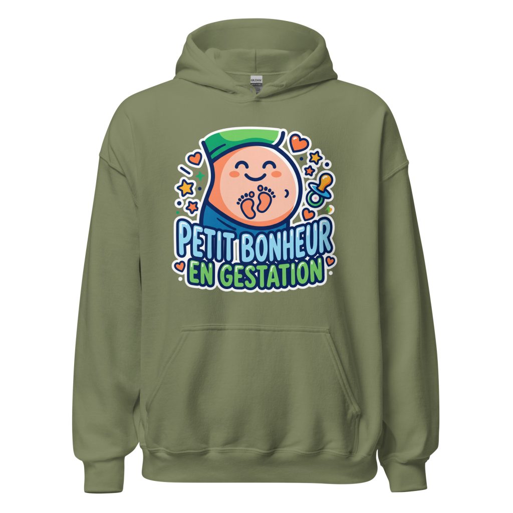 Sweat à capuche Petit bonheur en gestation — Vert Militaire, face