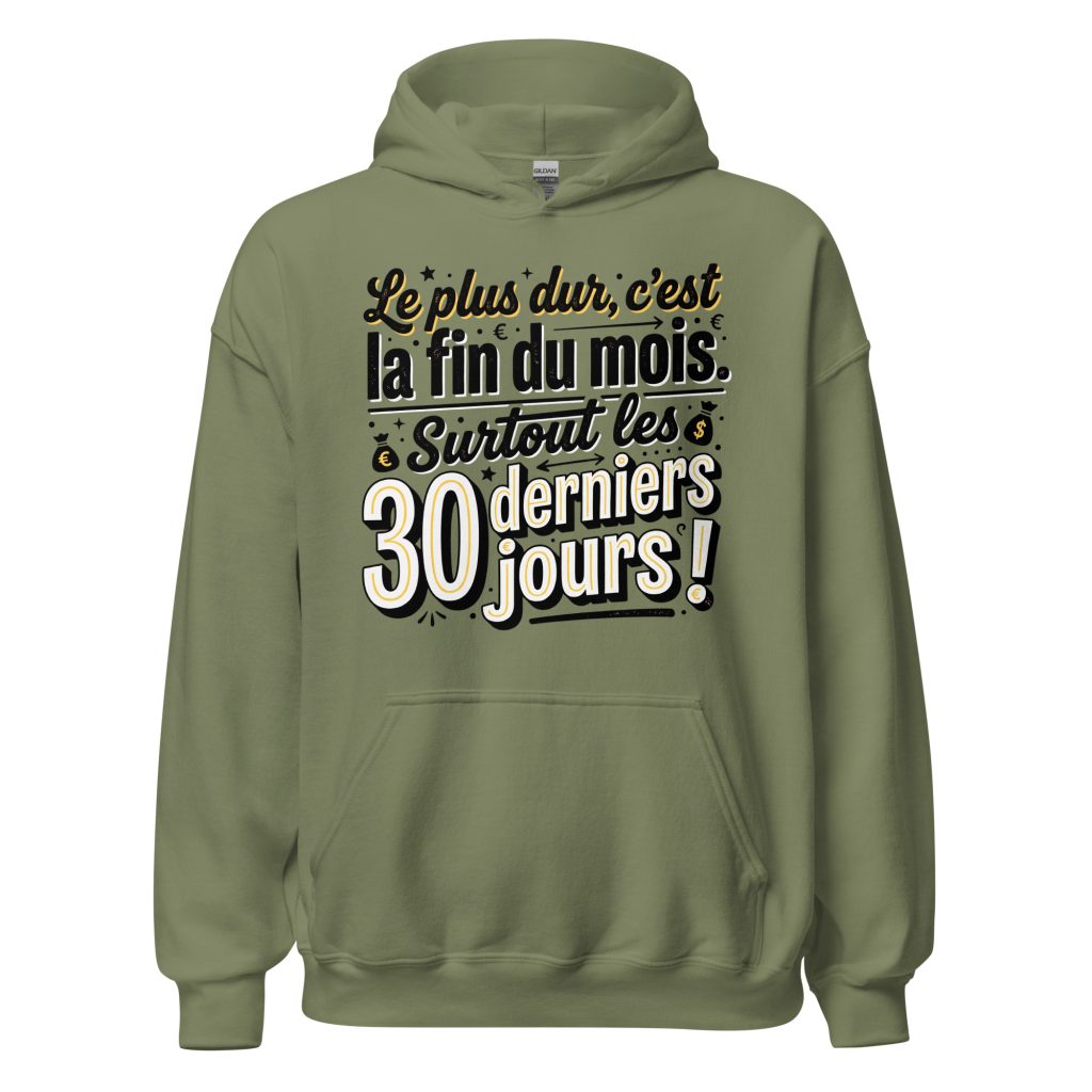 Sweat à capuche Le plus dur c'est la fin du mois — Vert Militaire, face