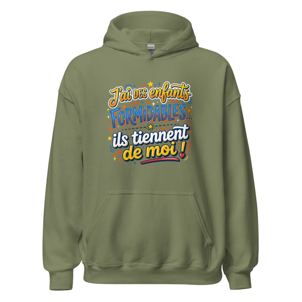 Sweat à capuche J'ai des enfants formidables — Vert Militaire, face