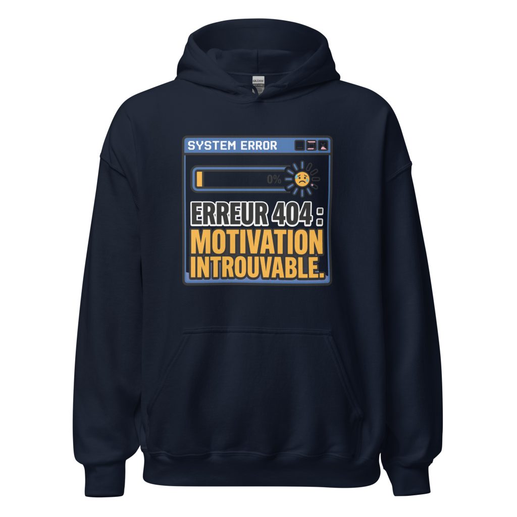 Sweat à capuche Erreur 404 Motivation introuvable — Bleu Marine, face