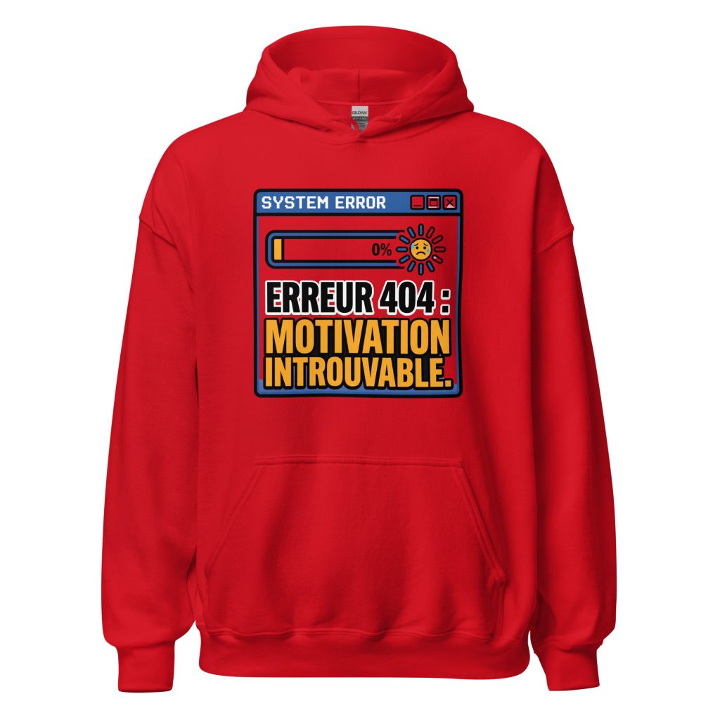 Sweat à capuche Erreur 404 Motivation introuvable — Rouge, face