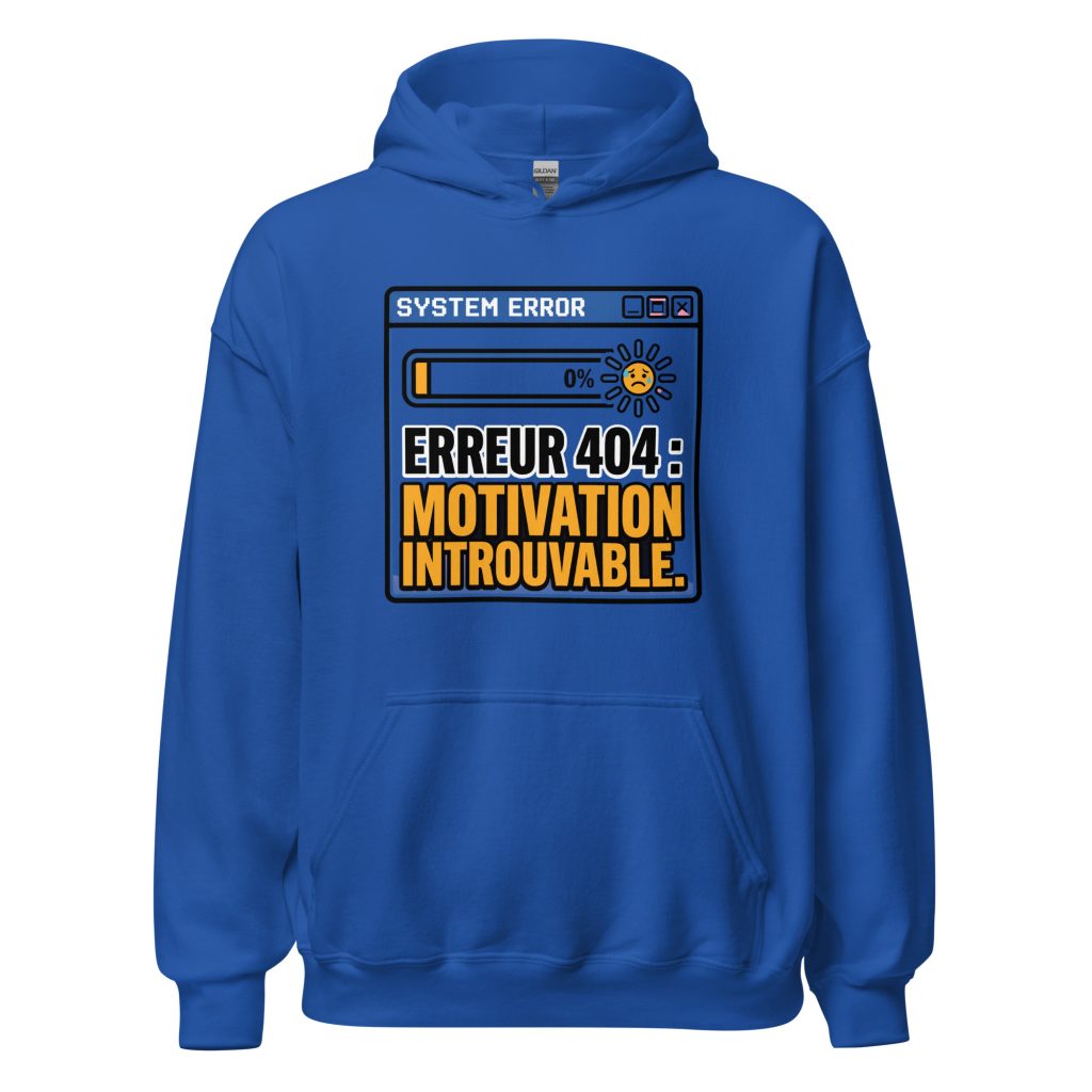 Sweat à capuche Erreur 404 Motivation introuvable — Bleu Roi, face