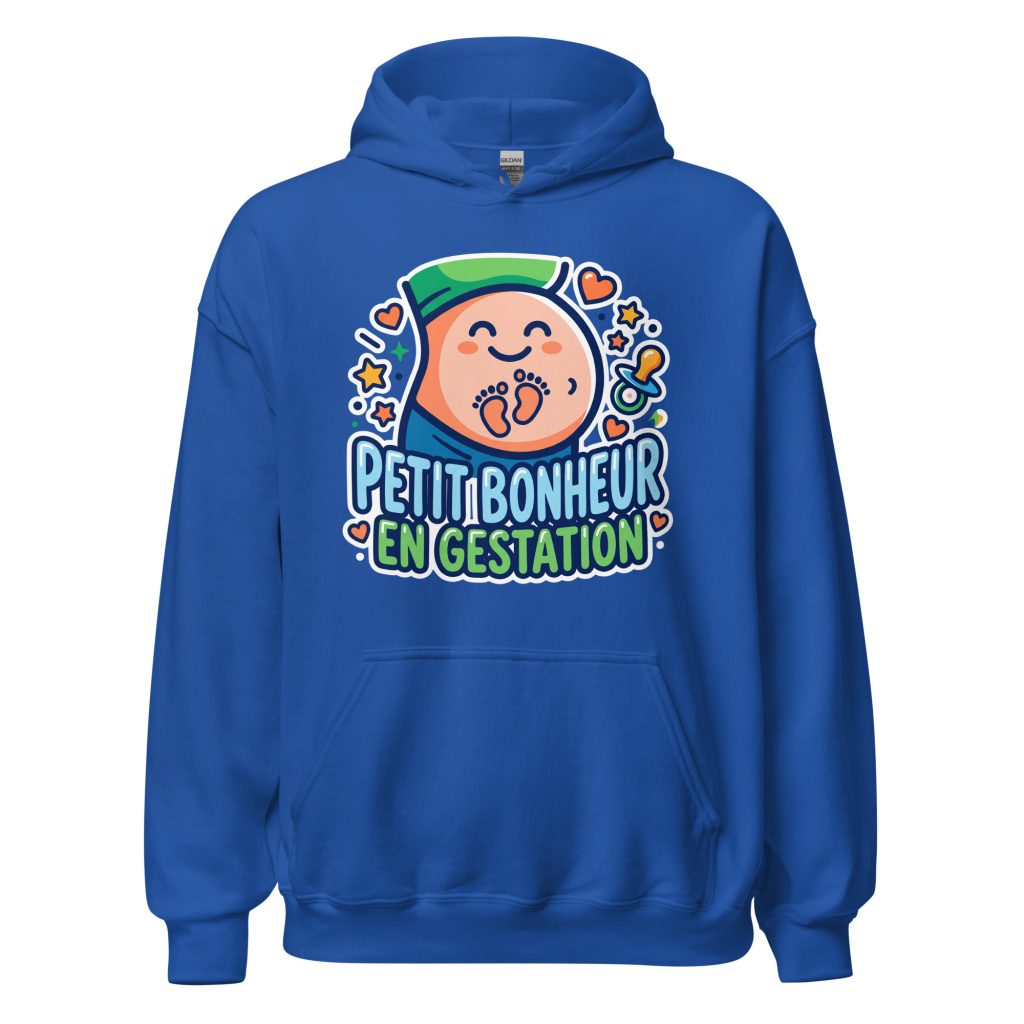Sweat à capuche Petit bonheur en gestation — Bleu Roi, face