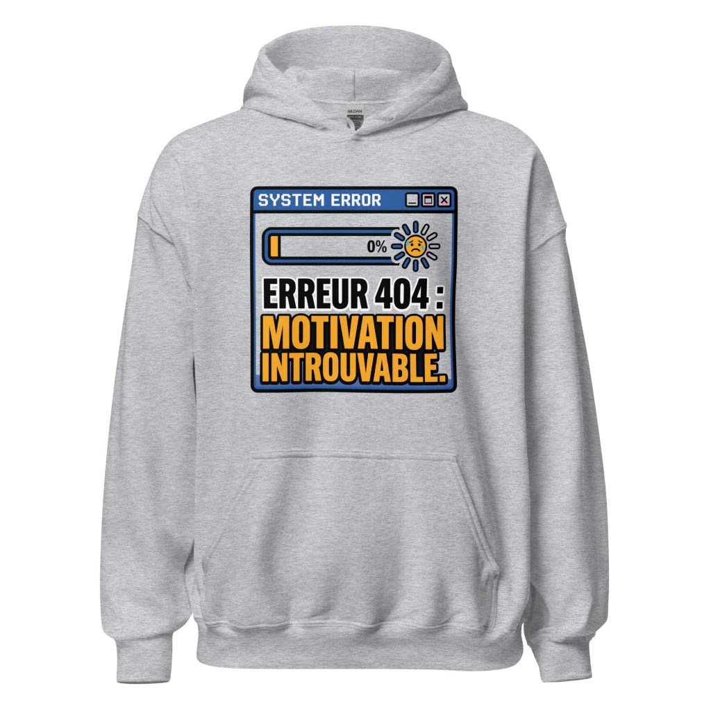 Sweat à capuche Erreur 404 Motivation introuvable — Gris Sport, face